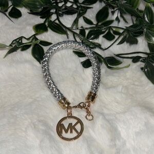 Michael Kors Silver Leather Gold Charm Adjustable Bracelet- NEW